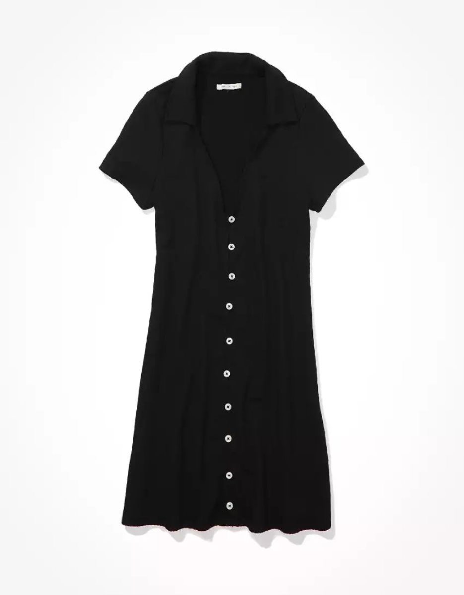 Mini Robe American Eagle AE Smocked Button-Front Polo Noir Femme | DUX-95517167